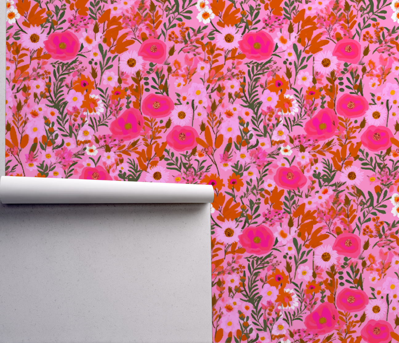 Pink Fairy Flower Pattern - Retro Flower Pattern Wallpaper Mural - Removable Wall decor - Nursery, Baby Girl