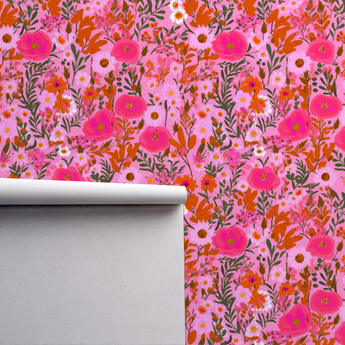 Pink Fairy Flower Pattern - Retro Flower Pattern Wallpaper Mural - Removable Wall decor - Nursery, Baby Girl