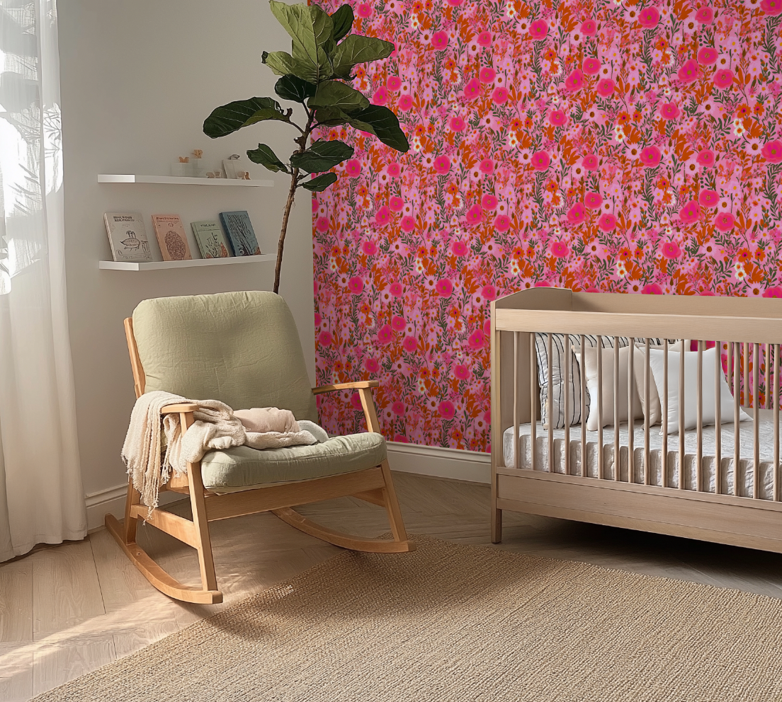 Pink Fairy Flower Pattern - Retro Flower Pattern Wallpaper Mural - Removable Wall decor - Nursery, Baby Girl 4