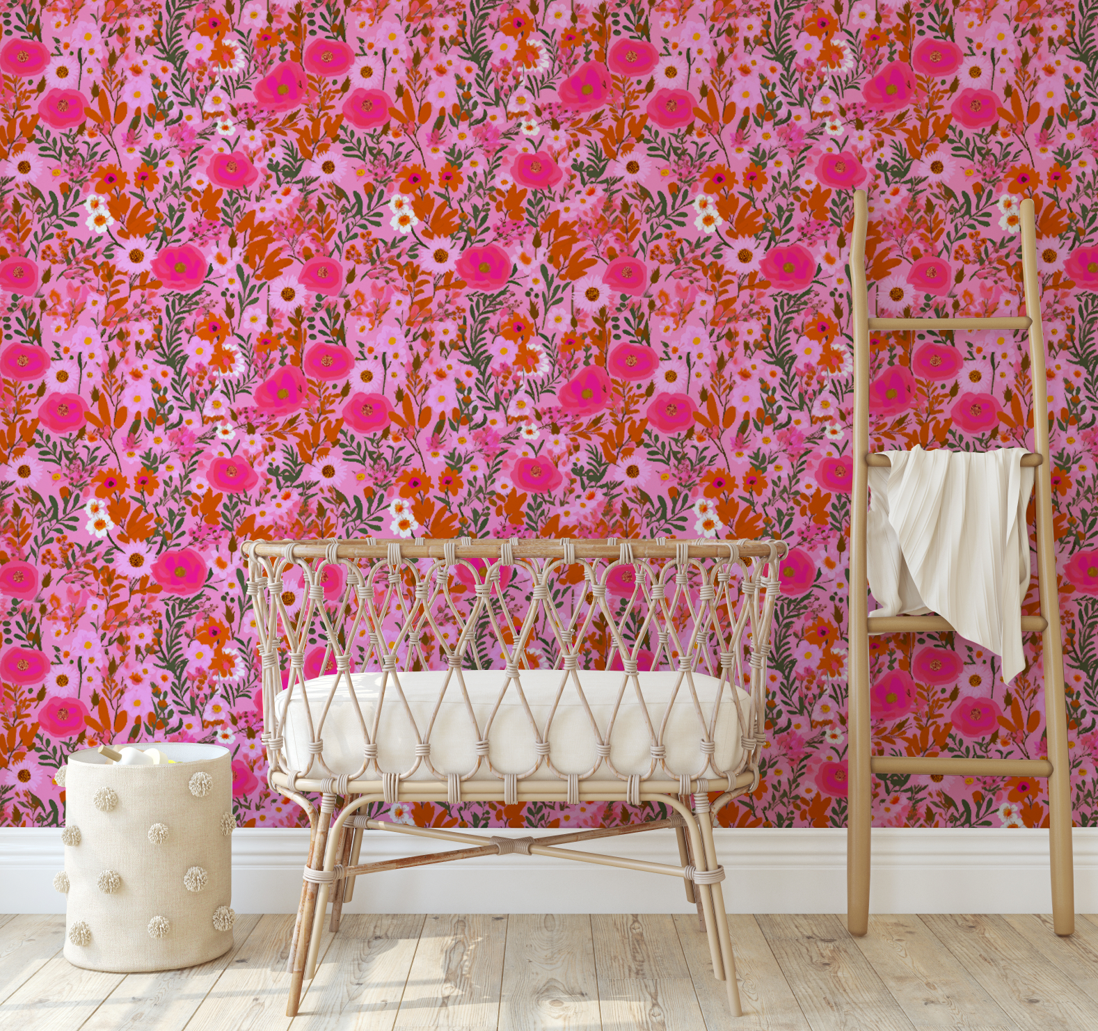Pink Fairy Flower Pattern - Retro Flower Pattern Wallpaper Mural - Removable Wall decor - Nursery, Baby Girl 5