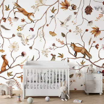 Kikki Belle Peel and Stick or Traditional Woodland Forest Animals Nursery Baby Removable Wallpaper Pattern - Trees Bear