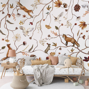 Kikki Belle Peel and Stick or Traditional Woodland Forest Animals Nursery Baby Removable Wallpaper Pattern - Trees Bear