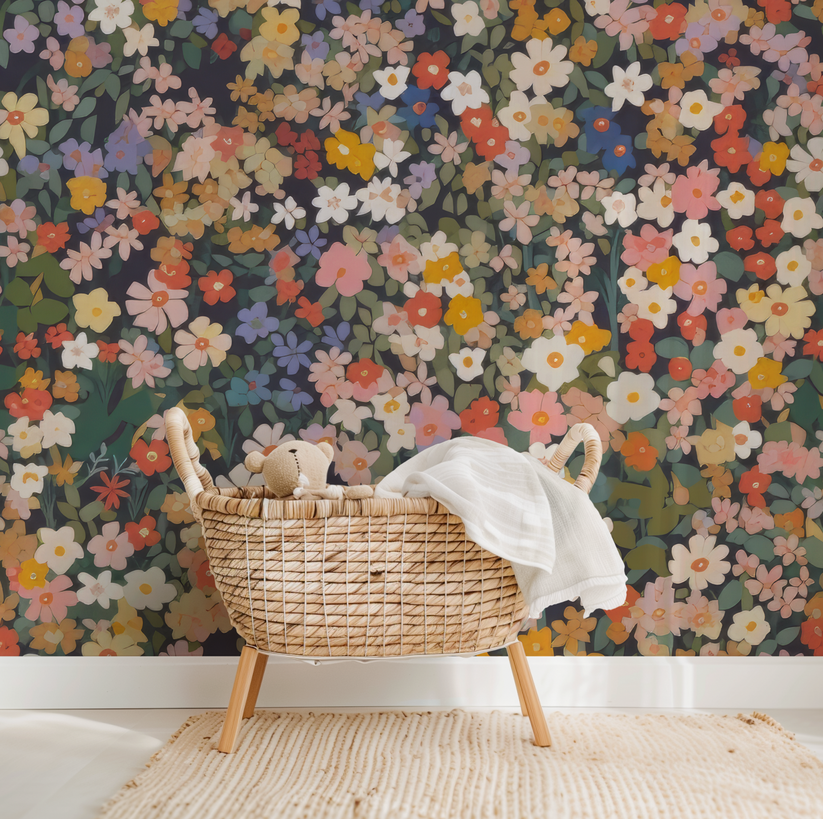 Primary shades ditsy flowers - Retro Flower Pattern Wallpaper Mural - Removable Wall decor - Nursery, Baby Girl