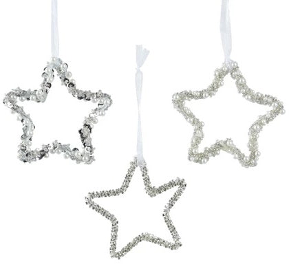 SET OF 3 Beaded Star Silver and White Christmas Tree Hangers – 15cm