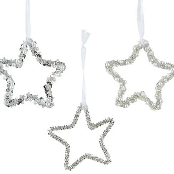 SET OF 3 Beaded Star Silver and White Christmas Tree Hangers – 15cm