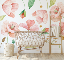 Peel and Stick or Traditional Wallpaper Watercolour Flower Peach and Pink Flowers - Magical Fairy Poppy Garden Pattern