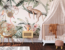 NEW! Peel and Stick Jungle Safari Animals Nursery Baby Removable and traditional Wallpaper - Lion Cub Elephant Giraffe Parrot