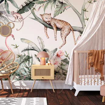 NEW! Peel and Stick Jungle Safari Animals Nursery Baby Removable and traditional Wallpaper - Lion Cub Elephant Giraffe Parrot