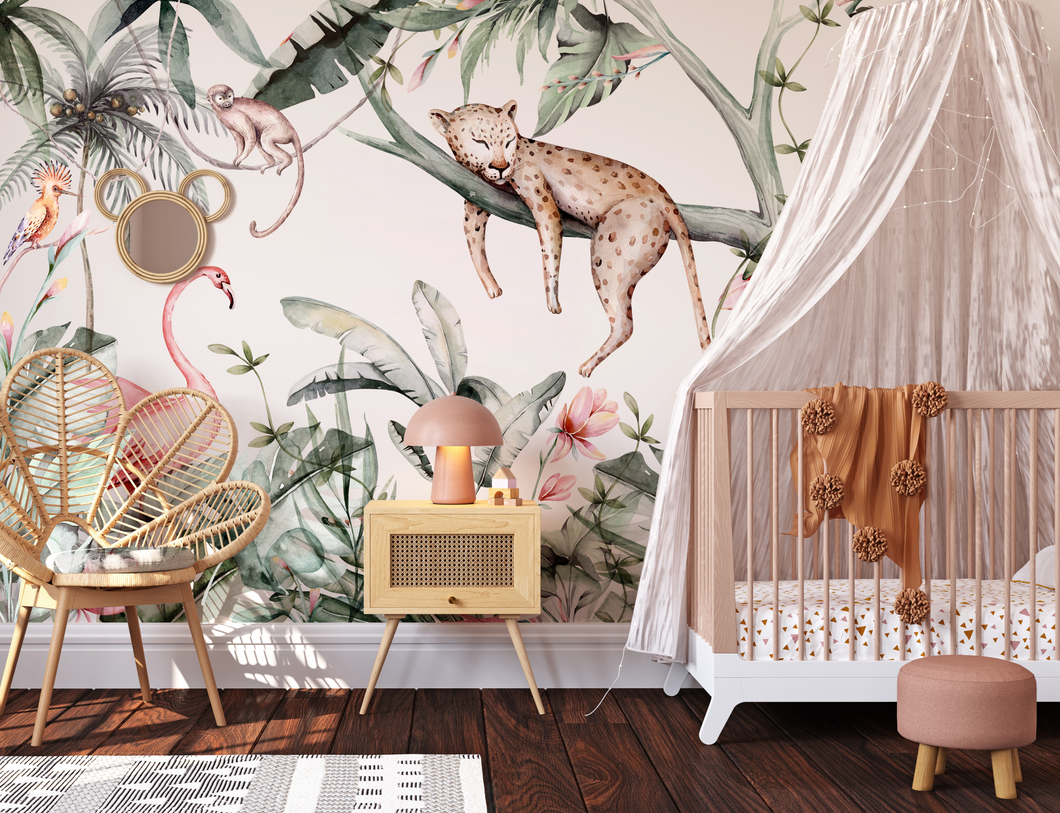 NEW! Peel and Stick Jungle Safari Animals Nursery Baby Removable and traditional Wallpaper - Lion Cub Elephant Giraffe Parrot