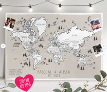 Celestial Night Sky Drawn Travel Map Personalised World - 100 free push pins - gift for him or her anniversary, christmas, personalized