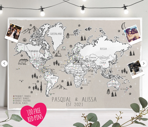 Celestial Night Sky Drawn Travel Map Personalised World - 100 free push pins - gift for him or her anniversary, christmas, personalized