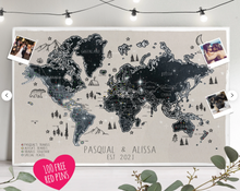 Celestial Night Sky Drawn Travel Map Personalised World - 100 free push pins - gift for him or her anniversary, christmas, personalized