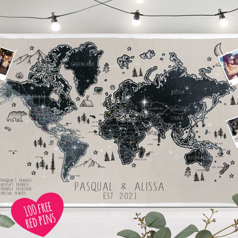 Celestial Night Sky Drawn Travel Map Personalised World - 100 free push pins - gift for him or her anniversary, christmas, personalized
