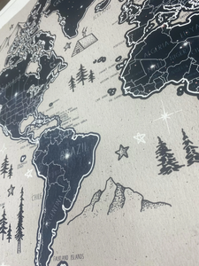 Celestial Night Sky Drawn Travel Map Personalised World - 100 free push pins - gift for him or her anniversary, christmas, personalized