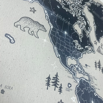 Celestial Night Sky Drawn Travel Map Personalised World - 100 free push pins - gift for him or her anniversary, christmas, personalized