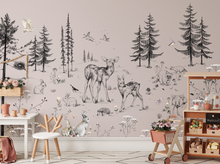 NEW! Peel and Stick or Traditional Woodland Forest Animals Nursery Baby Removable Wallpaper - Trees Bear Mountains Deer Rabbit Flowers Fox