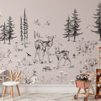 NEW! Peel and Stick or Traditional Woodland Forest Animals Nursery Baby Removable Wallpaper - Trees Bear Mountains Deer Rabbit Flowers Fox