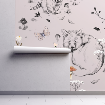 NEW! Peel and Stick or Traditional Woodland Forest Animals Nursery Baby Removable Wallpaper - Trees Bear Mountains Deer Rabbit Flowers Fox
