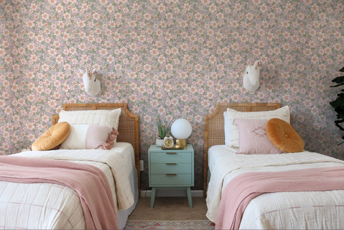 Ditsy Cherry Blossom Floral Farmhouse Pattern Peel and Stick or Traditional Wallpaper - Blush and Light Green - Country Wall Mural
