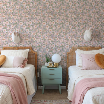 Ditsy Cherry Blossom Floral Farmhouse Pattern Peel and Stick or Traditional Wallpaper - Blush and Light Green - Country Wall Mural