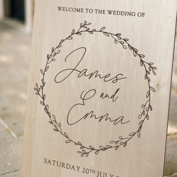 Floral Wreath Welcome Wedding Sign Oak Laser Engraved Board - Wedding Signs - Entrance - rustic engraved - Maple, Ash, Plywood, Cherry Wood