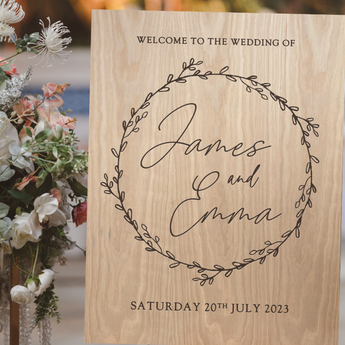 Floral Wreath Welcome Wedding Sign Oak Laser Engraved Board - Wedding Signs - Entrance - rustic engraved - Maple, Ash, Plywood, Cherry Wood
