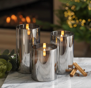 Festive Lights - 3 Pack of Grey LED Real Wax Candles in Smoked Glass Cylinder - Authentic Flickering Flame on Realistic Black Wick - Battery Operated with Time (With Remote)