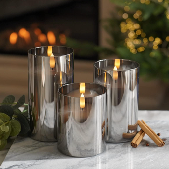 Festive Lights - 3 Pack of Grey LED Real Wax Candles in Smoked Glass Cylinder - Authentic Flickering Flame on Realistic Black Wick - Battery Operated with Time (With Remote)