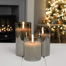 Festive Lights - 3 Pack of Grey LED Real Wax Candles in Smoked Glass Cylinder - Authentic Flickering Flame on Realistic Black Wick - Battery Operated with Time (With Remote)