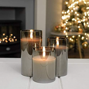 Festive Lights - 3 Pack of Grey LED Real Wax Candles in Smoked Glass Cylinder - Authentic Flickering Flame on Realistic Black Wick - Battery Operated with Time (With Remote)