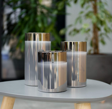 Festive Lights - 3 Pack of Grey LED Real Wax Candles in Smoked Glass Cylinder - Authentic Flickering Flame on Realistic Black Wick - Battery Operated with Time (With Remote)