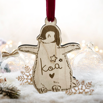 Personalised Penguin Chick Christmas Tree Decoration - Children Cute Xmas Ornament Bauble Mummy Wood Engraved new baby