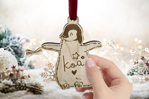 Personalised Penguin Chick Christmas Tree Decoration - Children Cute Xmas Ornament Bauble Mummy Wood Engraved new baby