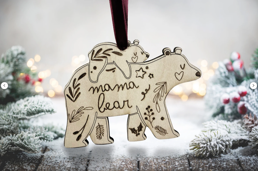 Mama Bear and Baby Bear Christmas Tree Decoration - Mum Xmas Ornament Bauble Mummy Wood Engraved Mumma