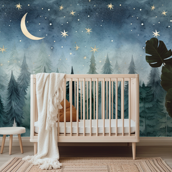 Peel and Stick Starry Night Sky Wall Mural Nursery Bedroom Wallpaper - Stars Cresent Moon Clouds
