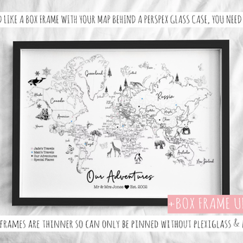 Personalised FRAMED Travel World Map Push Pin-board WITH ANIMALS