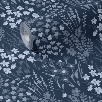 Painted Wildflower Meadow Flowers Peel and Stick or Traditional Wallpaper Wall Mural - Dark Blue Navy Cobalt