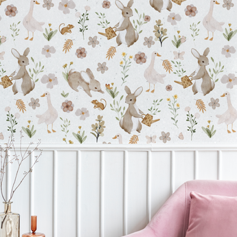 Peel and Stick or Traditional Nursery Wallpaper - Vintage Peter and Flopsy Rabbit Bunny Watercolour Flower Floral Pattern ANY COLOUR