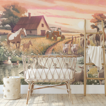 Farm Animals / Duck Cow Pig Tractor Neutral Drawn Floral Wall Mural - Peel and Stick or Traditional Wallpaper - Girls Boys Flower Bedroom
