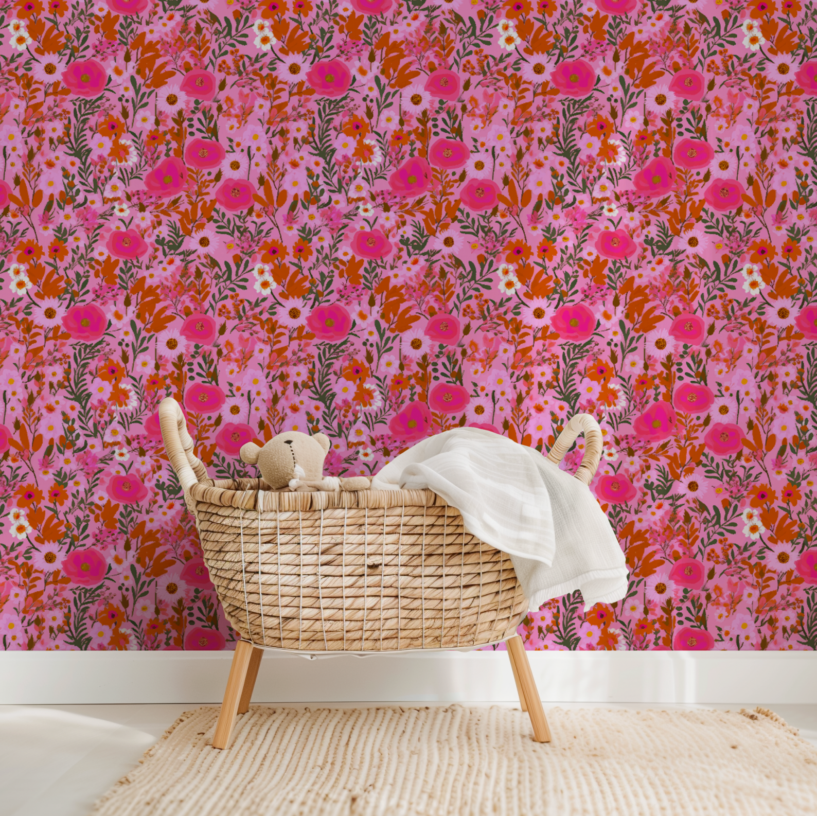 Pink Fairy Flower Pattern - Retro Flower Pattern Wallpaper Mural - Removable Wall decor - Nursery, Baby Girl 3