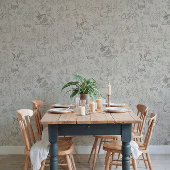 ENCHANTED GARDEN Woodland Forest Animals and Floral - Peel and Stick or Traditional Nursery Baby Removable Wallpaper - Bunnies Squirrels