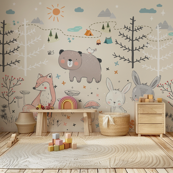 NEW! Peel and Stick or Traditional Woodland Forest Animals CAMPING - Nursery Baby Removable Wallpaper - Trees Bear Mountains Rabbit Fox
