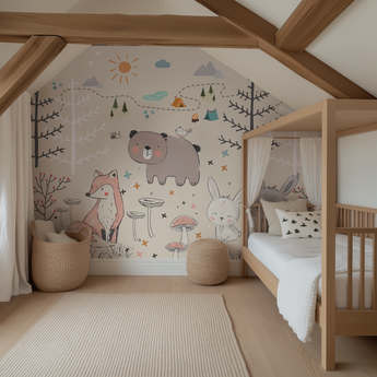 NEW! Peel and Stick or Traditional Woodland Forest Animals CAMPING - Nursery Baby Removable Wallpaper - Trees Bear Mountains Rabbit Fox