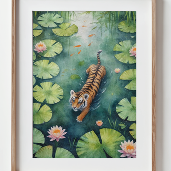 Hand painted Illustrated Tiger Cub Swimming among water lilies - Woodland Art Print