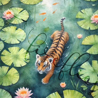 Hand painted Illustrated Tiger Cub Swimming among water lilies - Woodland Art Print