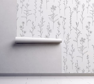 Flower Line Art Illustrated monochrome wall mural - Peel and Stick Wallpaper