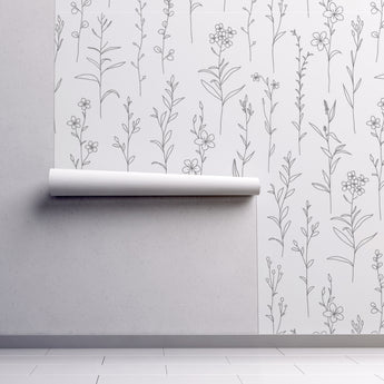 Flower Line Art Illustrated monochrome wall mural - Peel and Stick Wallpaper