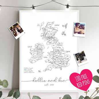Personalised FRAMED Travel UK Map Push Pin-board