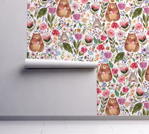 NEW! Peel and Stick Bear and Bunny Floral Flower Nursery Baby Removable Wallpaper