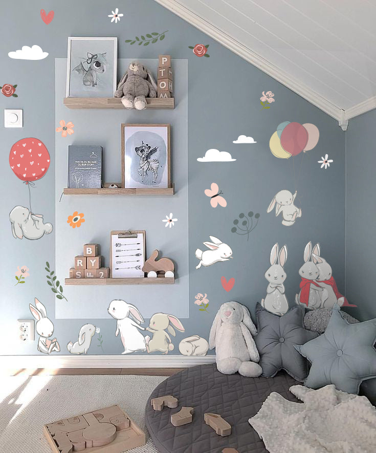 Cute Bunny with Balloons Nursery Wall Stickers / Decals - Childrens Bedroom, Rabbit Mural, New Baby, Kids Bedroom